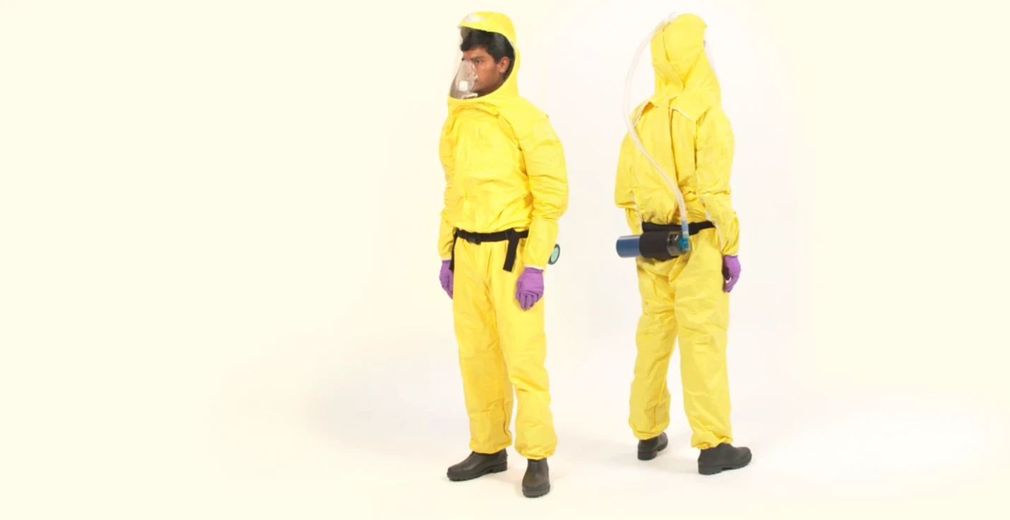 The Johns Hopkins Ebola suit is color coded to show what surfaces are safe to touch when removing it