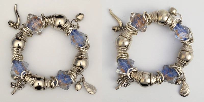 A bracelet photographed without (left) and with (right) the reflection-preventing Smart Wallet (Photo: Modahaus)