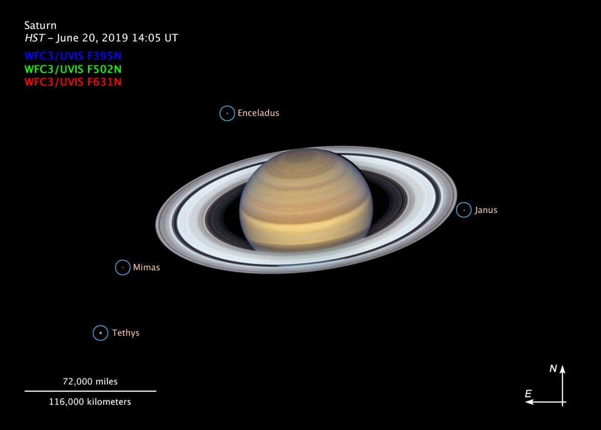An annotated version of the new Hubble image shofour of Saturn's most prominent moons
