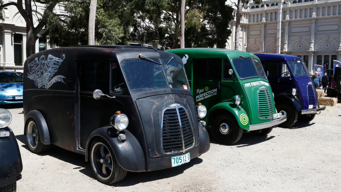 We suspect is the black sheep of the Morris J-Type Owners Club family. Instead of the 1500cc four the Morris sported as standard, this van runs a very lumpy and muscular 350 Chevrolet V8. The van was driven from Sydney (1000 km), carrying a motorcycle sidecar outfit. We suspect that the trip was a warm one for the driver and passenger, who had the engine between them. The driver has apparently been known to wear ear muffs.