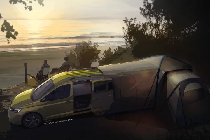 Volkswagen teases the expandable tent system of its new Caddy Mini-Camper