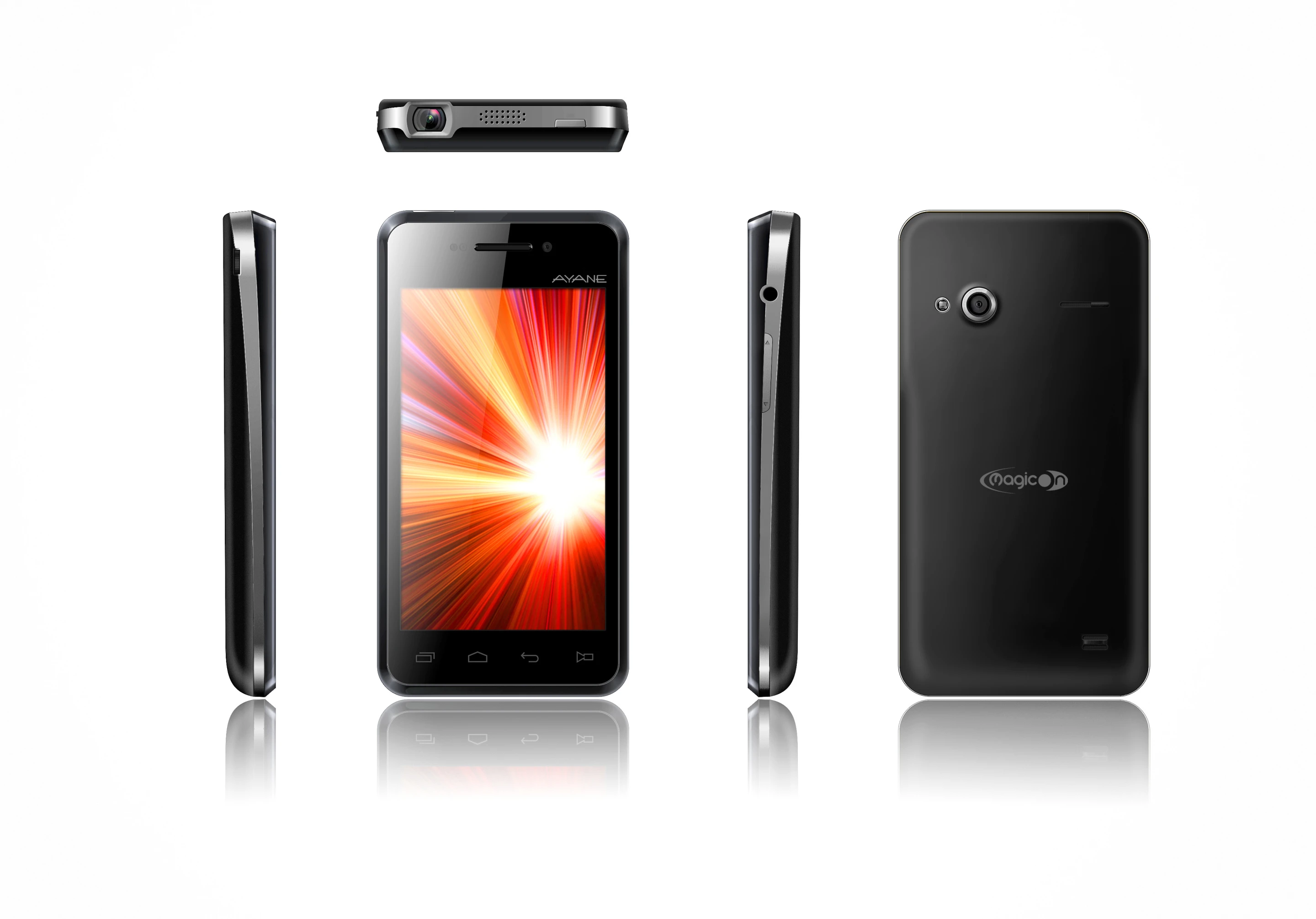 The MagicOn Ayane features a 1.2 GHz dual-core processor on an MTK 6589 chipset, supported by 1 GB of RAM and 4 GB of included storage, with microSD expansion
