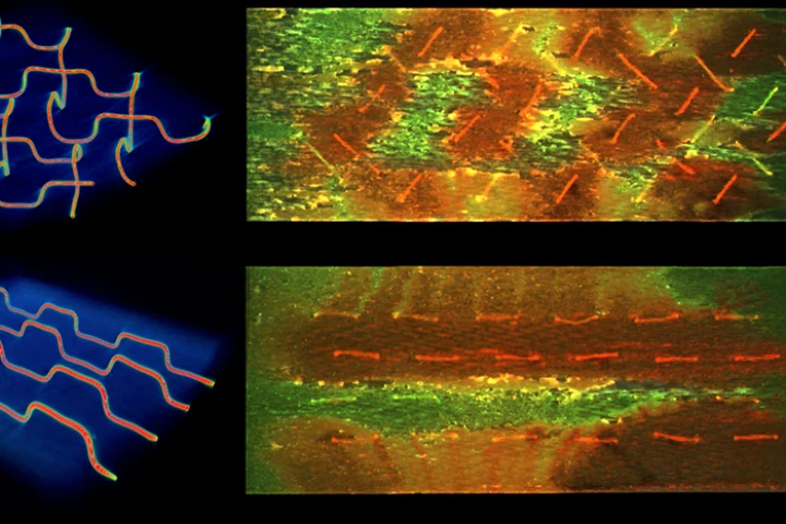 The new self-healing system features 3D vascular networks that release healing agents when ruptured – a herringbone pattern (top) was found to be more effective than a parallel design (bottom)