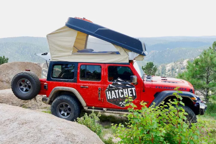 The Hatchet Camper takes advantage of its Jeep Wrangler base in seeking out remote campsites over rugged paths