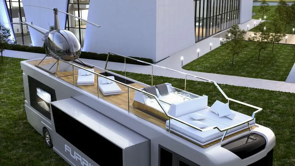 Furrion's Elysium is complete with a height-adjustable rooftop helipad built to hold a Robinson R22 helicopter