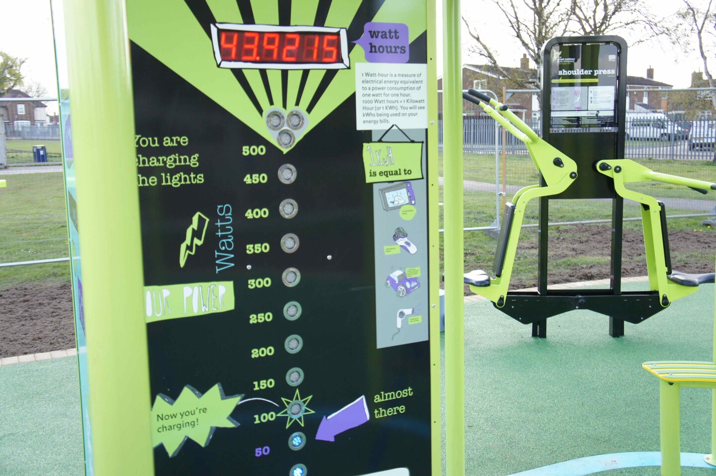 The TGO Green Heart outdoor gym features a Power Display Wall that measures and displays the amount of energy generated by the heart-shaped gym's users