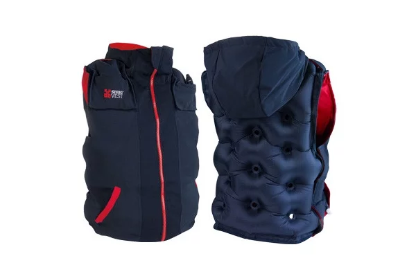 An inflatable sports and outdoors-style vest relieves anxiety and stress with deep pressure therapy, a clinical method that essentially simulates a good firm hug