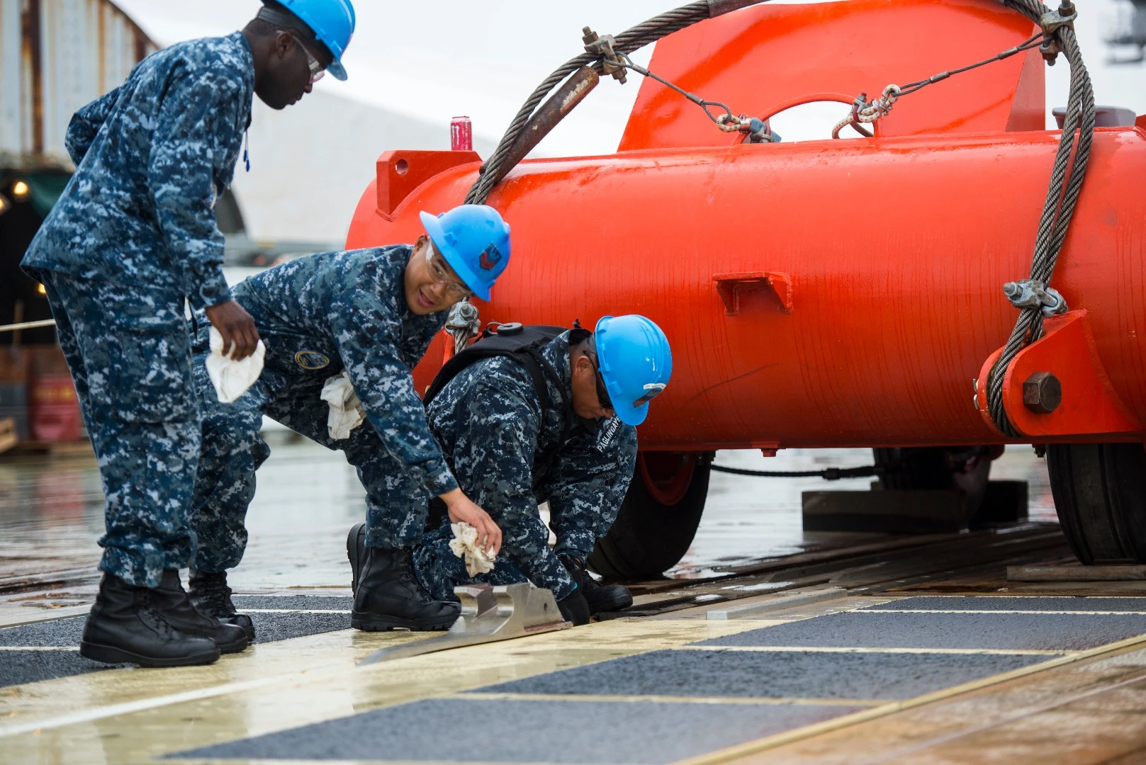 The dead-weight sled being attached top the catapult