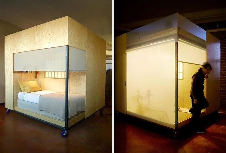 Translucent roller shades allow each section of the cube to be closed off completely