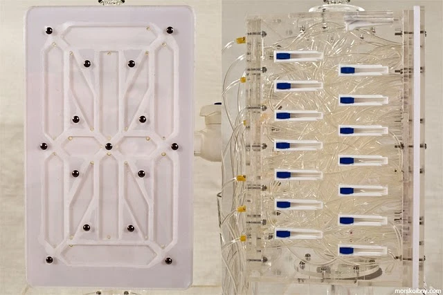 The flow rate of the liquid can be controlled using a series of regulators (right)
