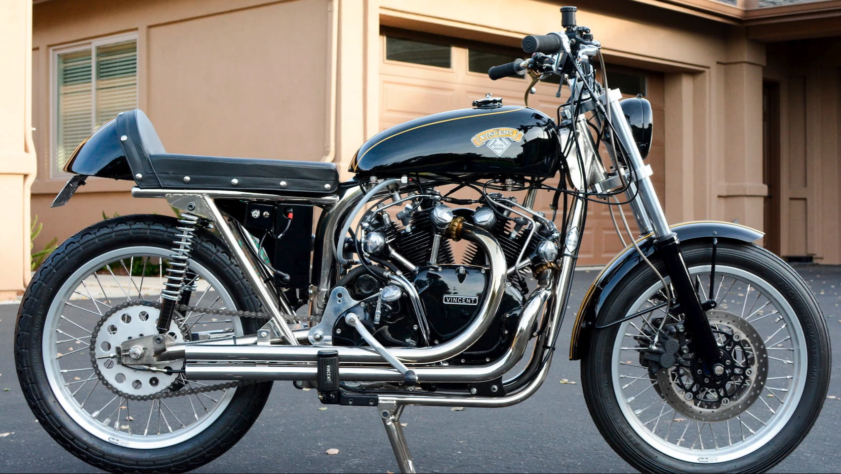 A unique motorcycle, being the only Vincent engine in a Trackmaster frame. It sold for $49,500