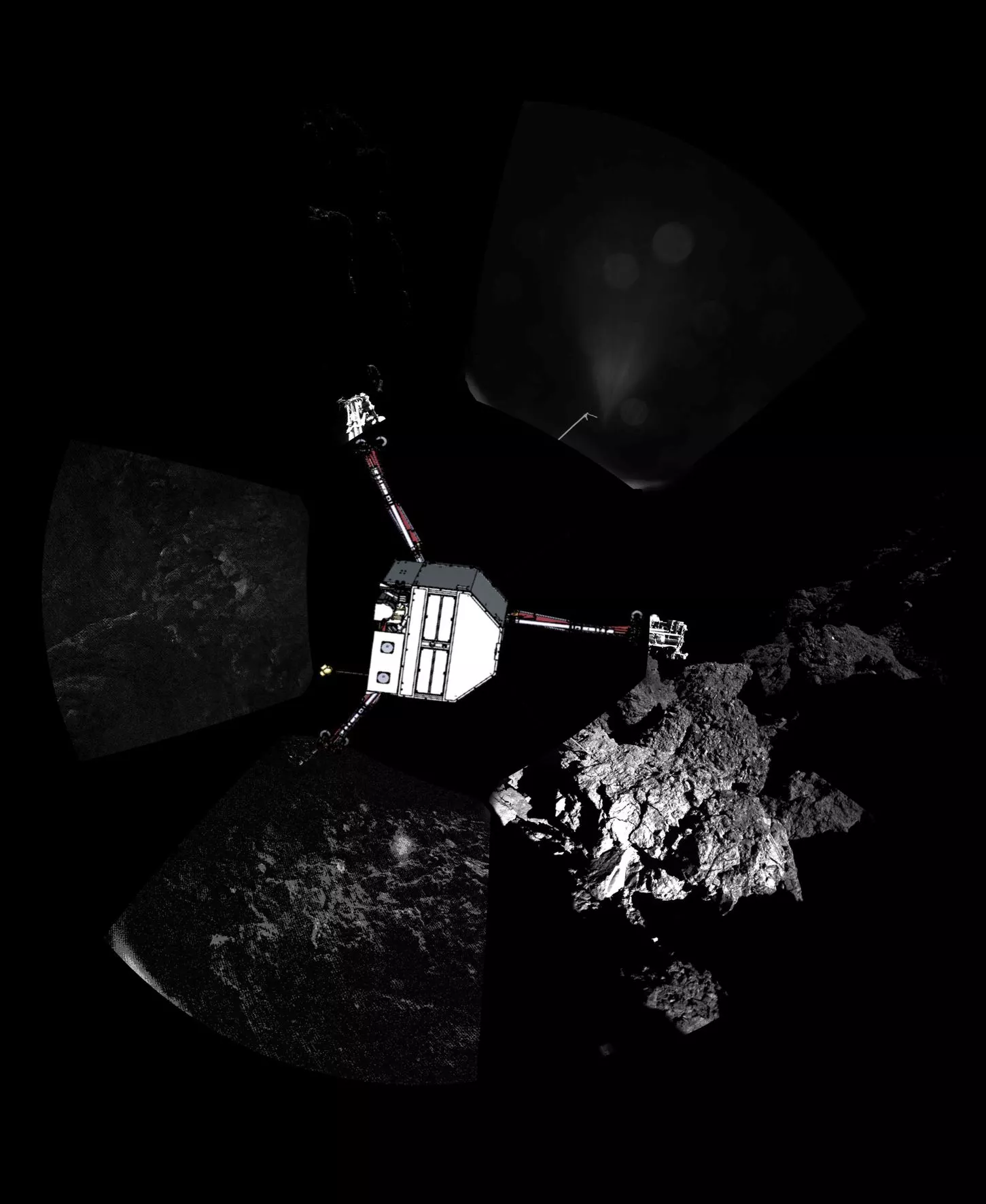 Panorama of Philae landing site with lander superimposed (Image; ESA)