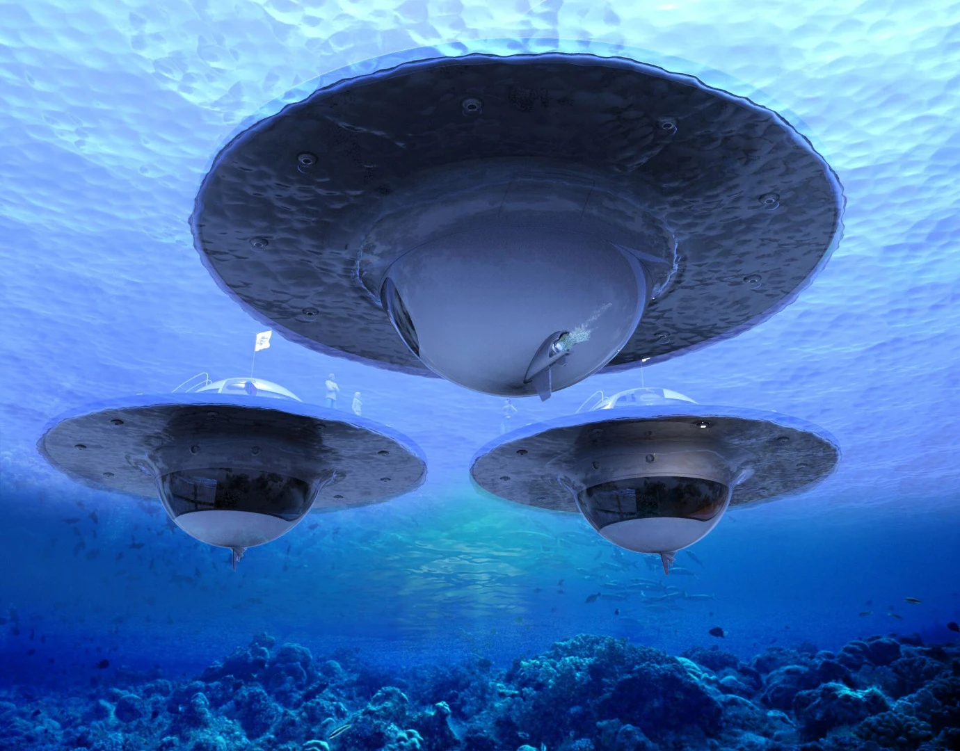 The UFO is tethered to the seabed with a special elastic anchor system.