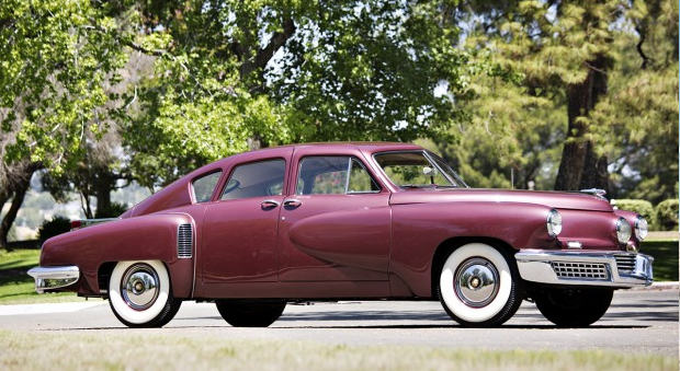 One of two Tucker 48s to be auctioned during the Pebble Beach automotive celebration, this Tucker 48 be auctioned by Gooding & Co . Auctioneer's Estimate: US$1,300,000 - US$1,700,000. The Gooding & Co car was the third Tucker 48 built and the first with rubber-sandwich suspension. It is also the first Tucker equipped with a revised front bumper providing improved frontal protection and the redesigned rear fenders providing easier rear-wheel removal.