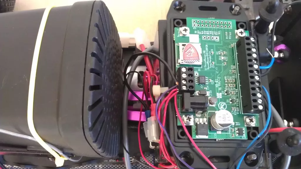 The RC car was fitted with a real size weather protected 25 W speaker and 20 W amplifier