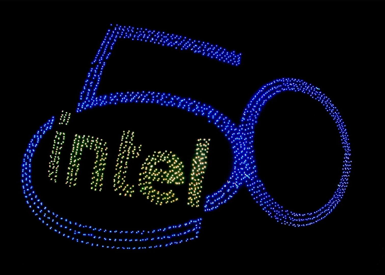The 2,018 drones that took part in Intel’s 50th birthday celebrations took the shape of the company’s logo