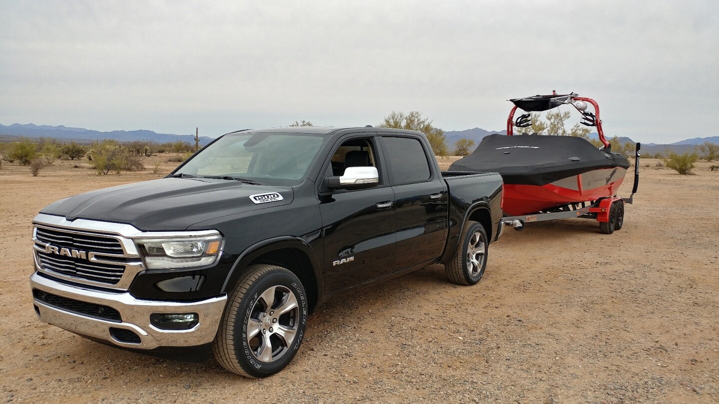 We towed this boat and trailer in a 2019 Ram 1500 Laramie, going on both low-speed area roads and a highway, uphill and down