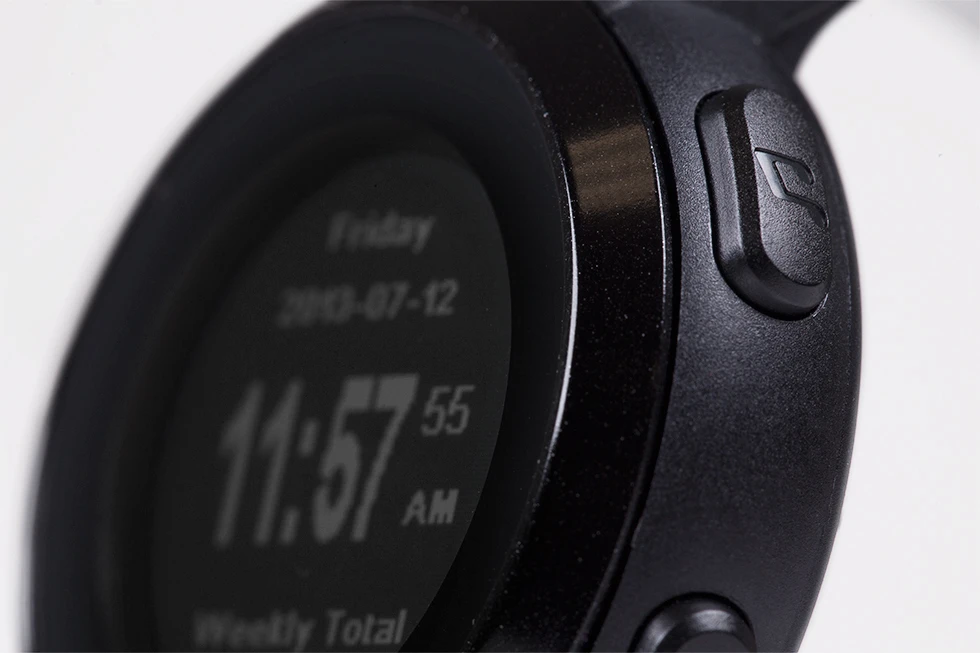 Four customizable buttons on the side of the watch give users control of their fitness apps