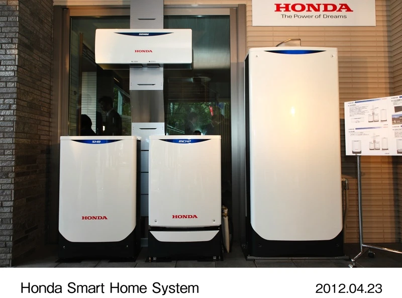 HSHS devices (Clockwise from top: Smart e Mix Manager, hot water supply tank, household gas-engine cogeneration unit, home battery unit)