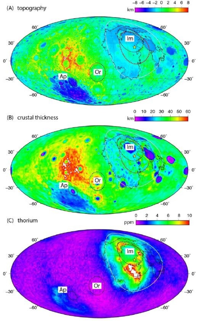 The differences in topography, crust thickness and thorium distribution between the near and far sides of the Moon are clear in these images. The star indicates a theorized impact point to create these discrepancies