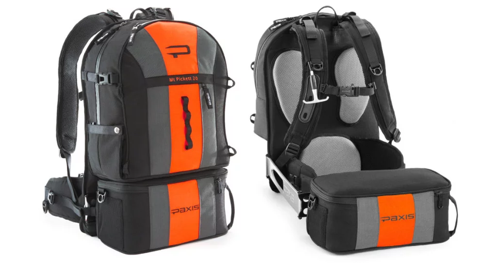 The Paxis backpack uses a lockable swinging arm to give you immediate access to essential gear