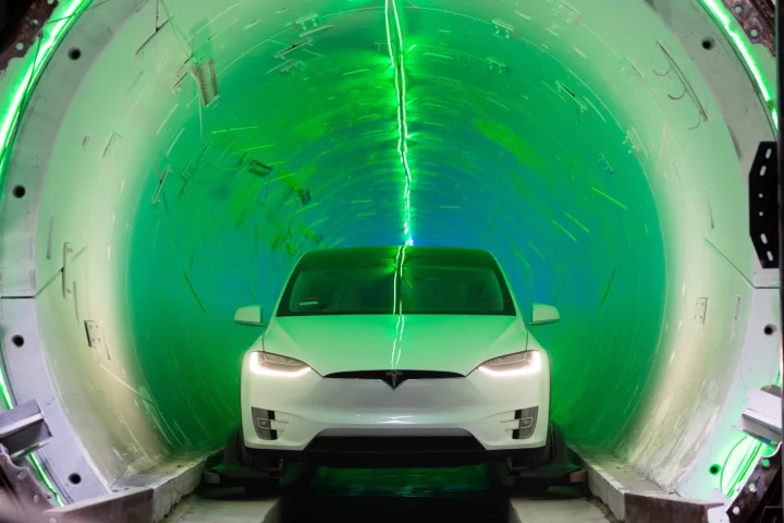 A Tesla emerges from The Boring Company's test tunnel