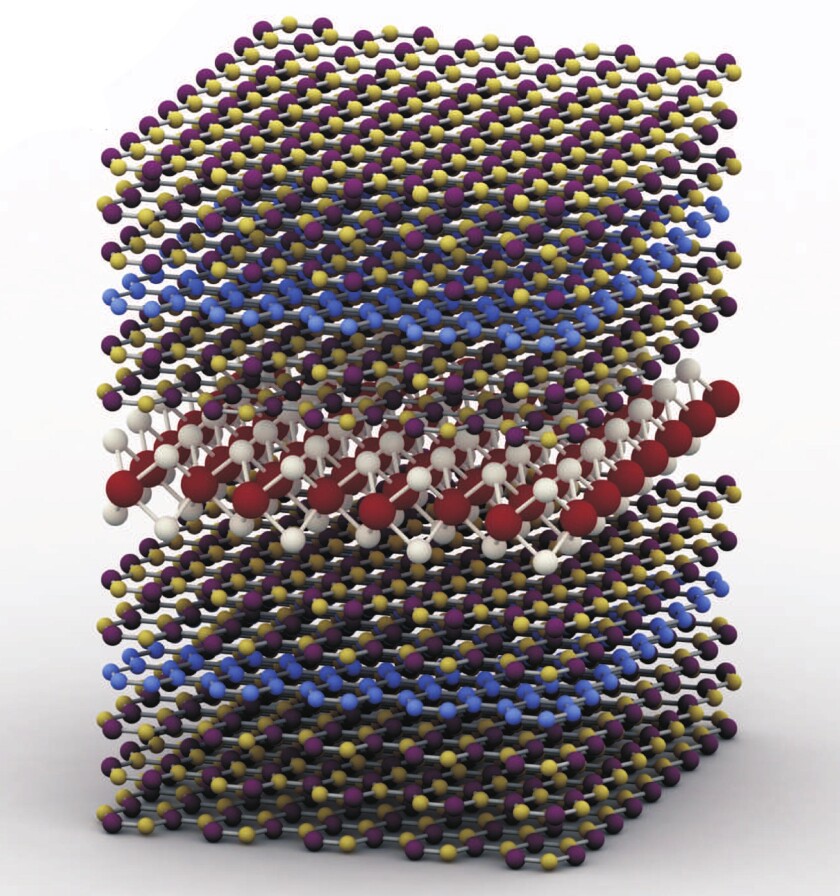 Schematic of the single quantum-well (SQW) heterostructure hBN/GrB/2hBN/WS2/2hBN/GrT/hBN (Image: University of Manchester)