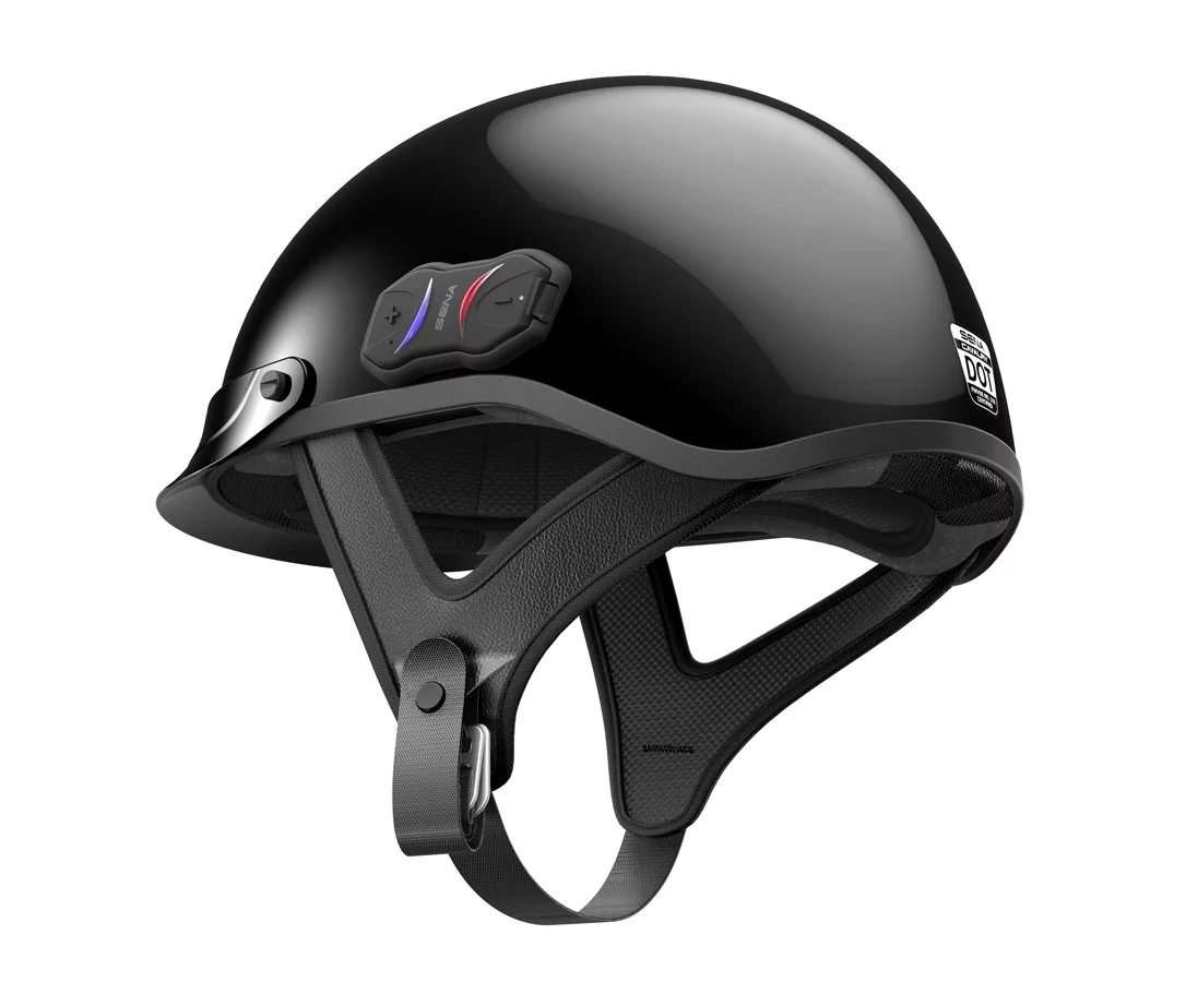 The Sena Cavalry motorcycle half-helmet secures in place with a double D-ring setup