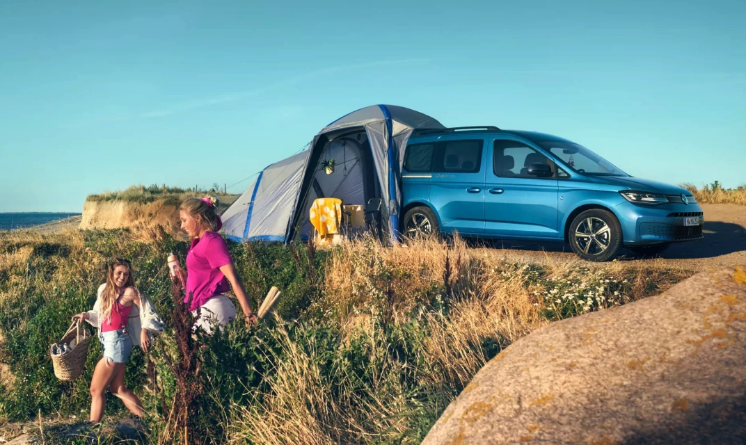 The available inflatable tent expands the Caddy California from two-sleeper to family rig