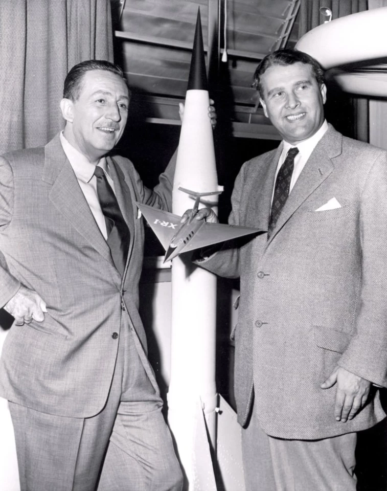 Walt Disney and Werner von Braun showing off an early space mission proposal