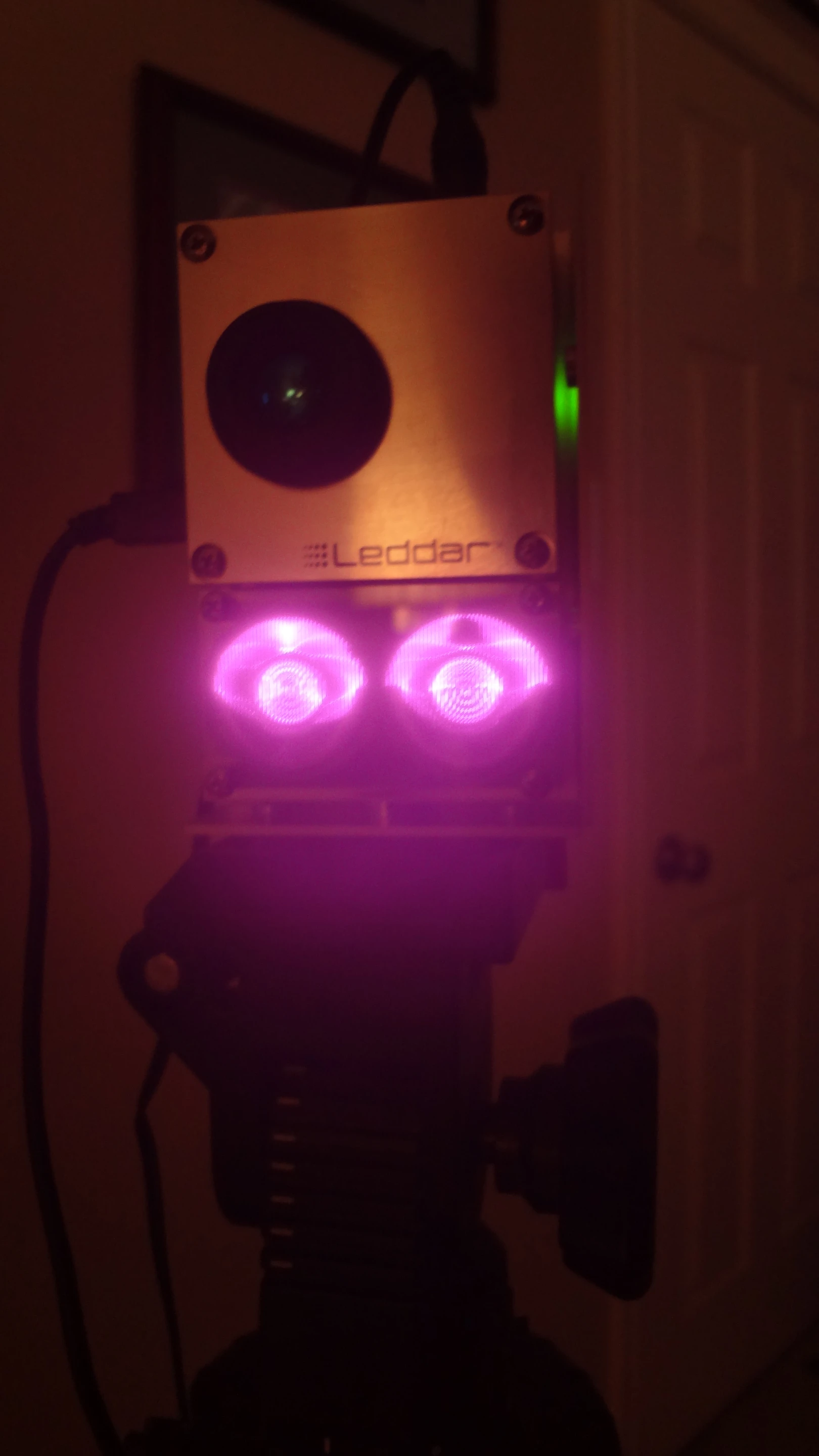This near-infrared photo shows the invisible IR LED's on the Leddar in action