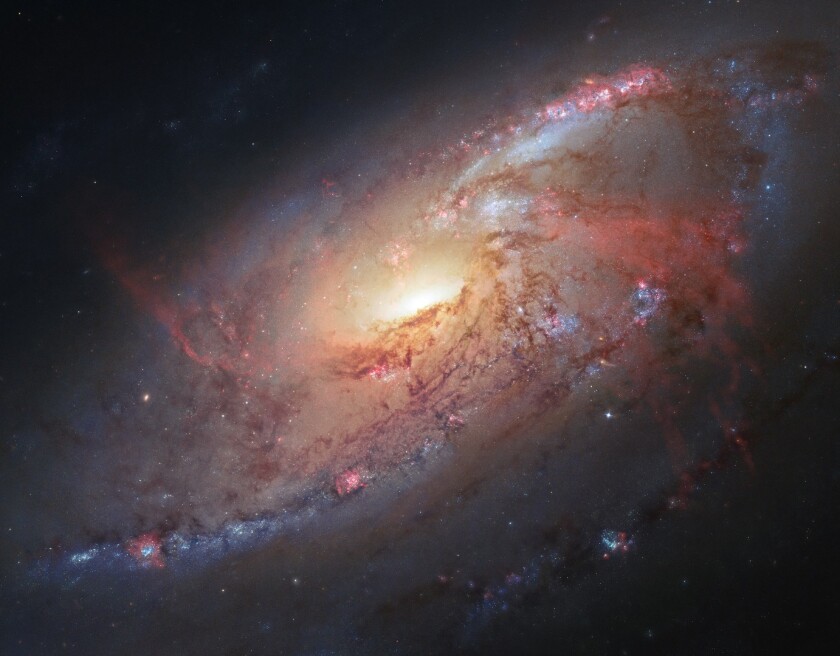 This image combines Hubble observations of M 106 with additional information captured by amateur astronomers Robert Gendler and Jay GaBany. Gendler combined Hubble data with his own observations to produce this stunning colour image