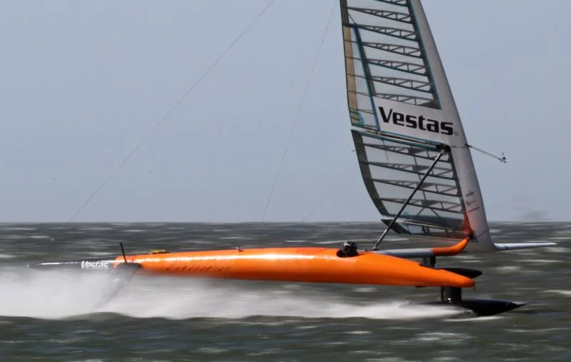 The VESTAS Sailrocket 2 in Walvis Bay, Namibia where it will attempt to break the world speed sailing record
