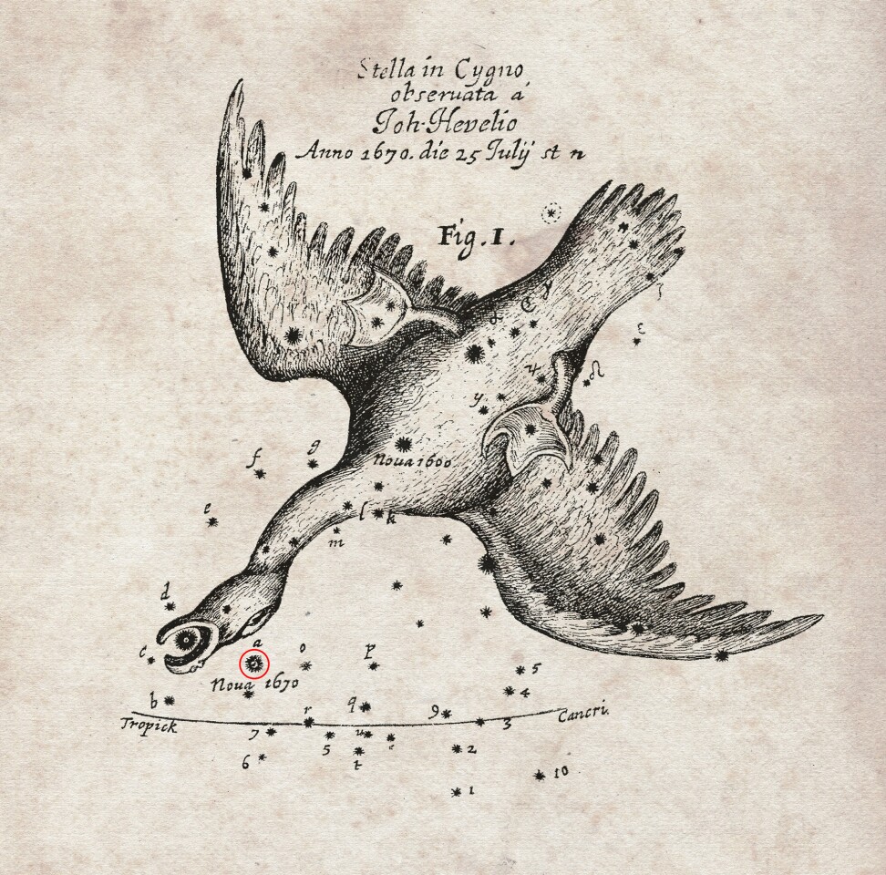 A chart showing the position of the assumed nova (red) that was first observed in 1670 and recorded by the astronomer Hevelius, published by the Royal Society in England (Image: ESO/Royal Society)
