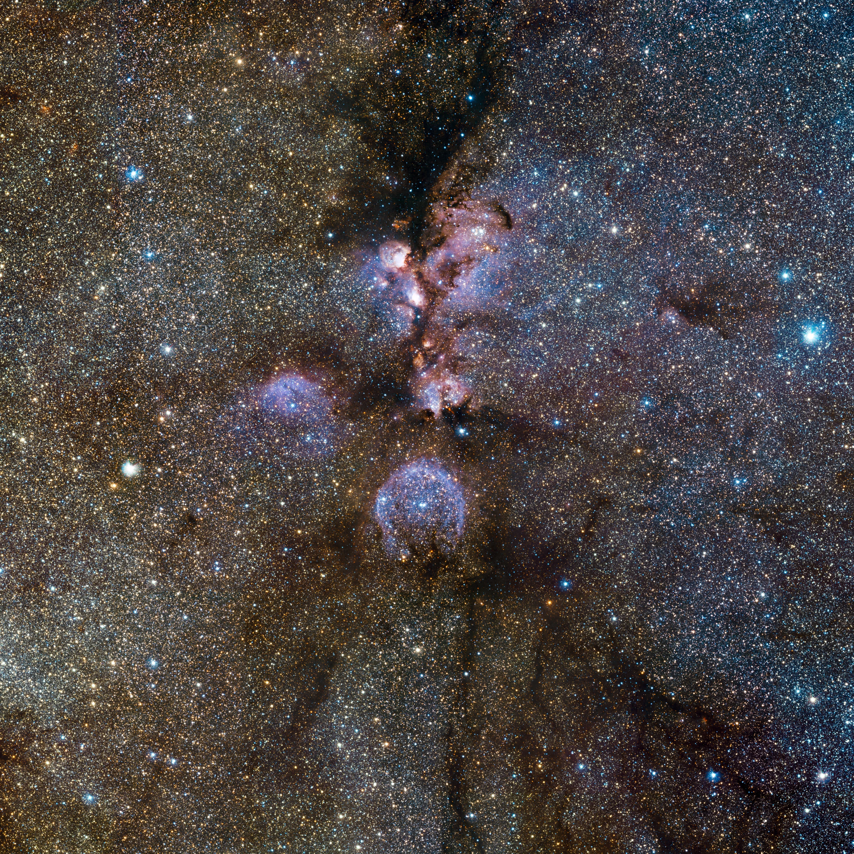 Infrared view of the Cat's Paw Nebula captured by the ESO's VISTA instrument in April 2010. By viewing the nebula in infrared light, VISTA was able to cut through the cosmic clouds of dust and gas, and observe the bright young stars lurking behind the veil