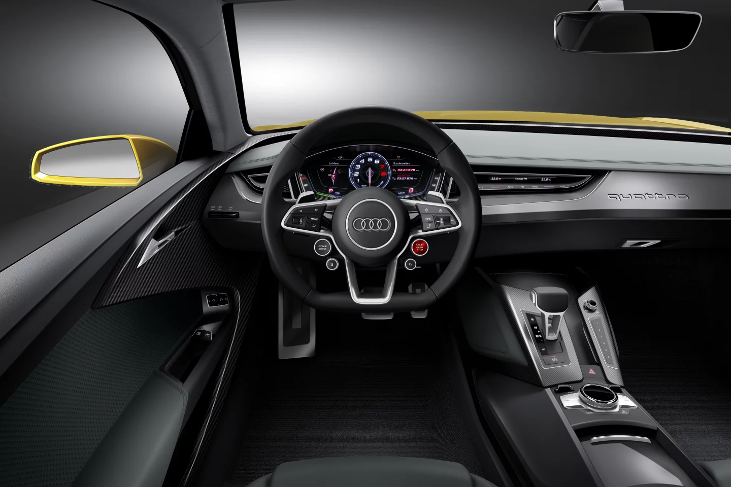 The Audi Sport Quattro Concept interior focuses on lightness and is driver centered