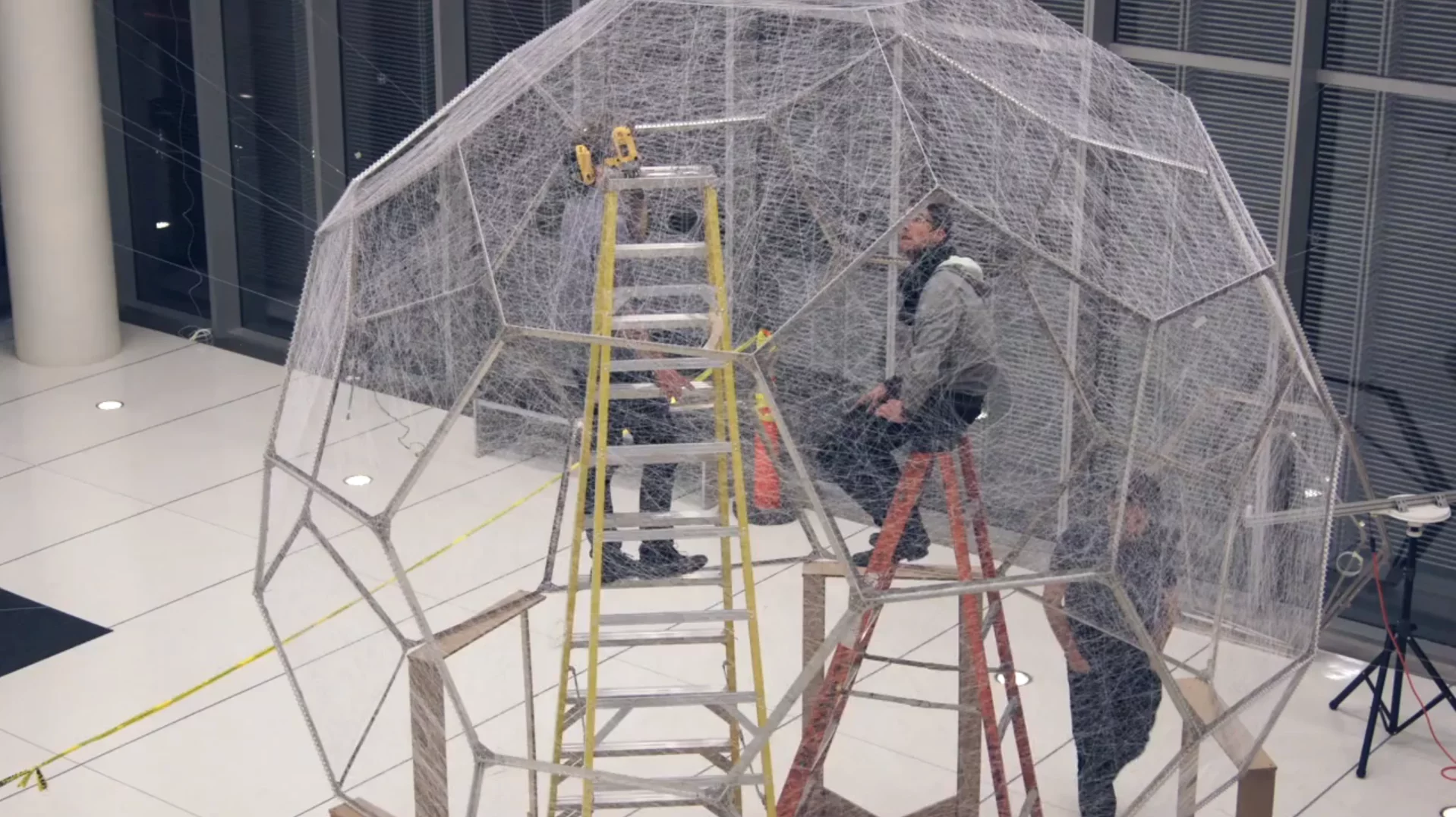 The frame of the Silk Pavilion is made up of 26 metal hexagons (Video still: Mediated Matter Group)