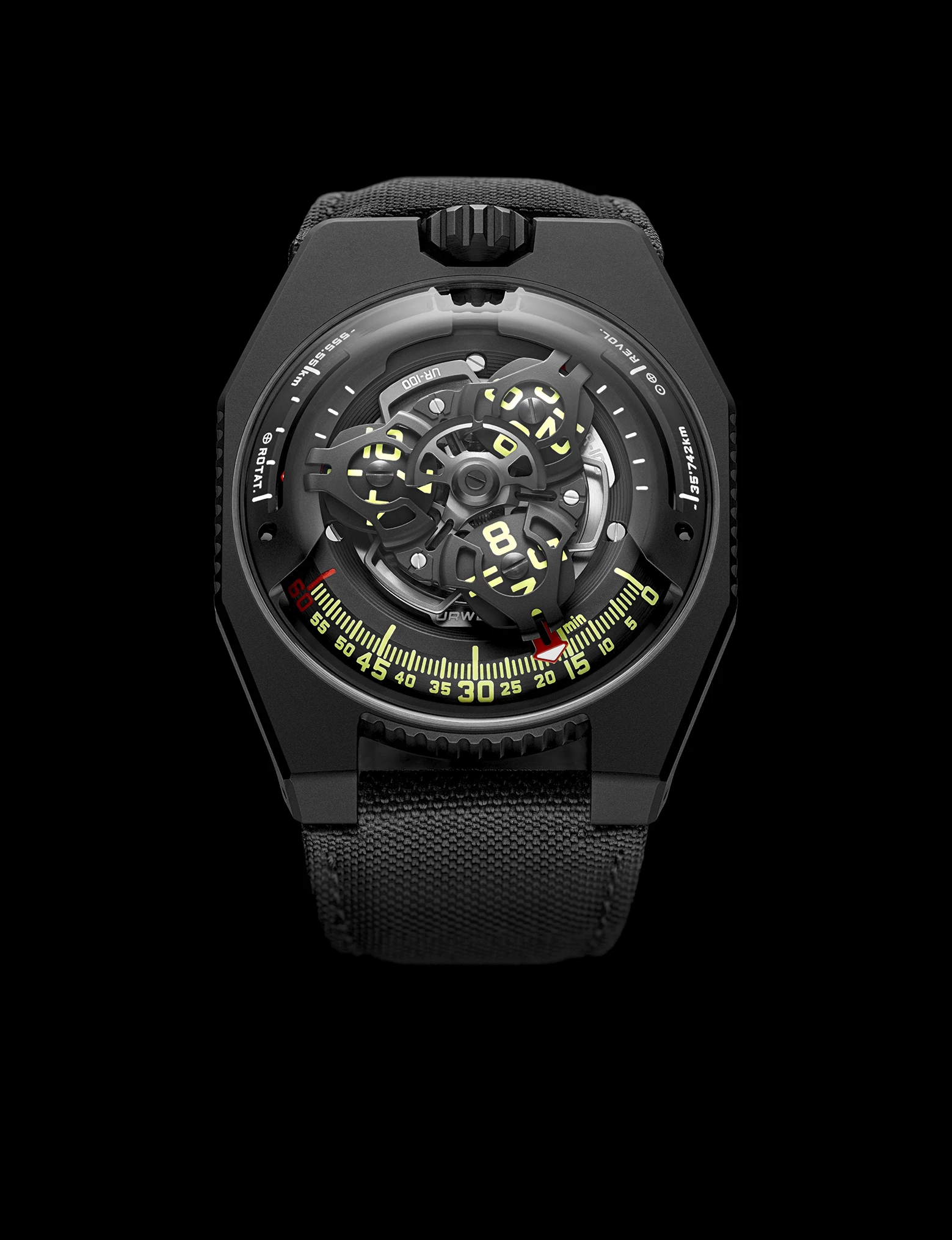 The Urwerk UR-100 SpaceTime Black edition front