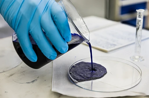 Pouring the power paper into a petri dish to set