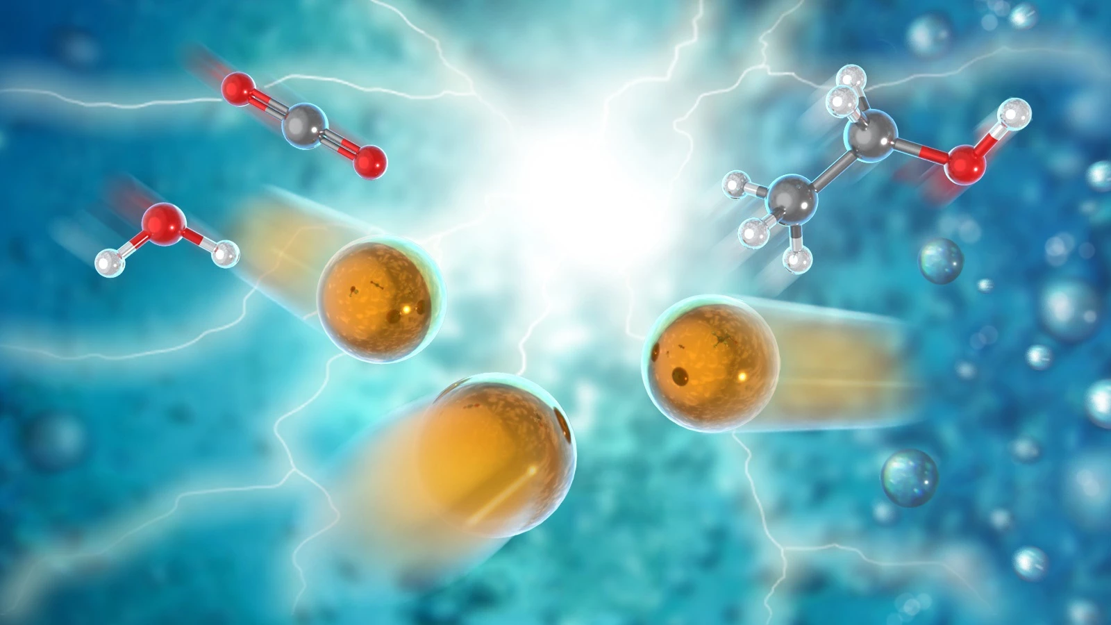 Artist's rendering of electrocatalytic process for conversion of carbon dioxide and water into ethanol