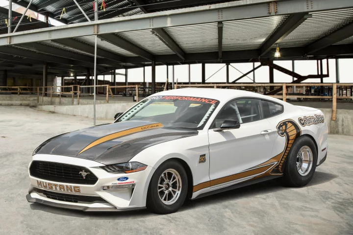 The Ford Performance 50th Anniversary Mustang Cobra Jet is capable of topping 150 mph (241 km/h) and hitting mid-8-second runs in the quarter mile (0.402 km)