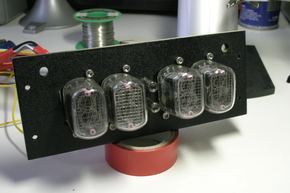 The four nixie tubes mounted and ready for install