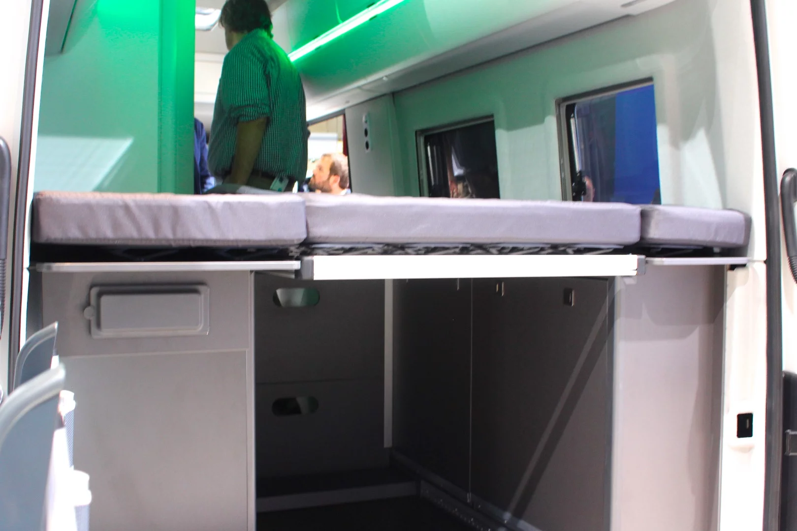 The Grand California makes room for equipment with its foldaway rear bed design