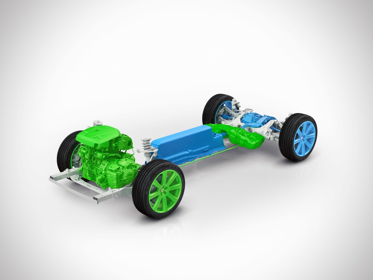 The petrol engine powers the front wheels, while the rear wheels are powered by an electric motor