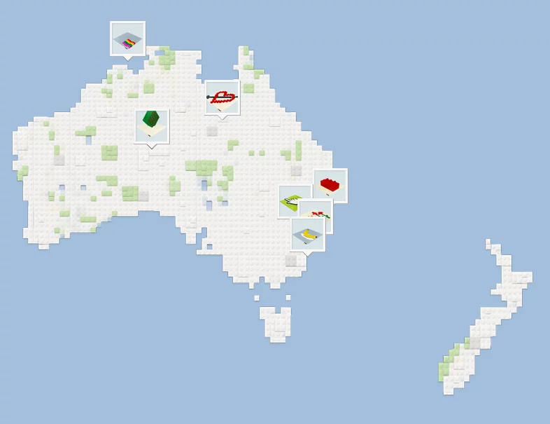 Initially presenting the user with a familiar Google Map-style interface focused on a LEGO-fied depiction of Australia and New Zealand, users are invited to zoom in to view completed models and select a plot for their own creation
