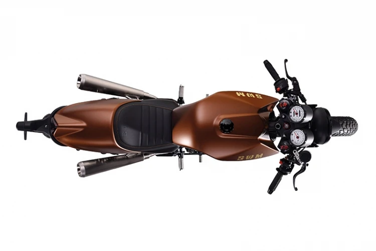 The angular fuel tank design is a direct reference to the typical SWM styling of the seventies