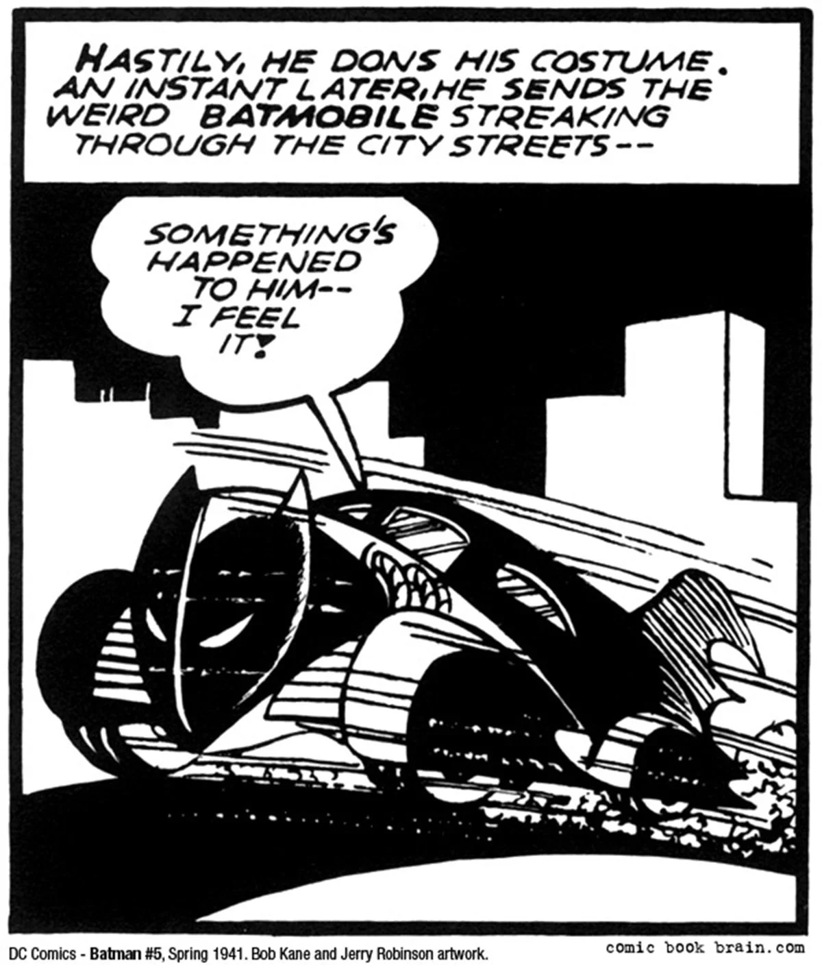 The first glimpse the world ever had of the Batmobile - from issue 5 of the original Batman comic published by Detective Comics in 1941. Image courtesy of ComicBookBrain.com