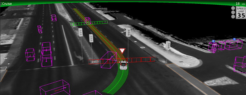 In this image captured from the sensors of the Self-Driving Car another car (purple box) cuts in front of the robot car, causing it to stop, indicated by the red fence icon
