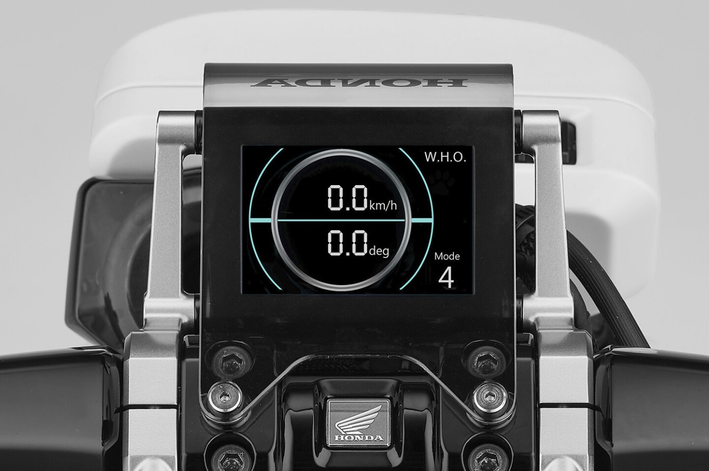 The instrument panel suggests the bike will be configurable for different levels of newbies, as it is pictured displaying "Mode 4", so there will be at least four modes, perhaps more. The number of degrees of lean is also displayed on the dash, perhaps indicating the bike can be configured to intervene at a particular lean angle and deactivate at a particular speed.