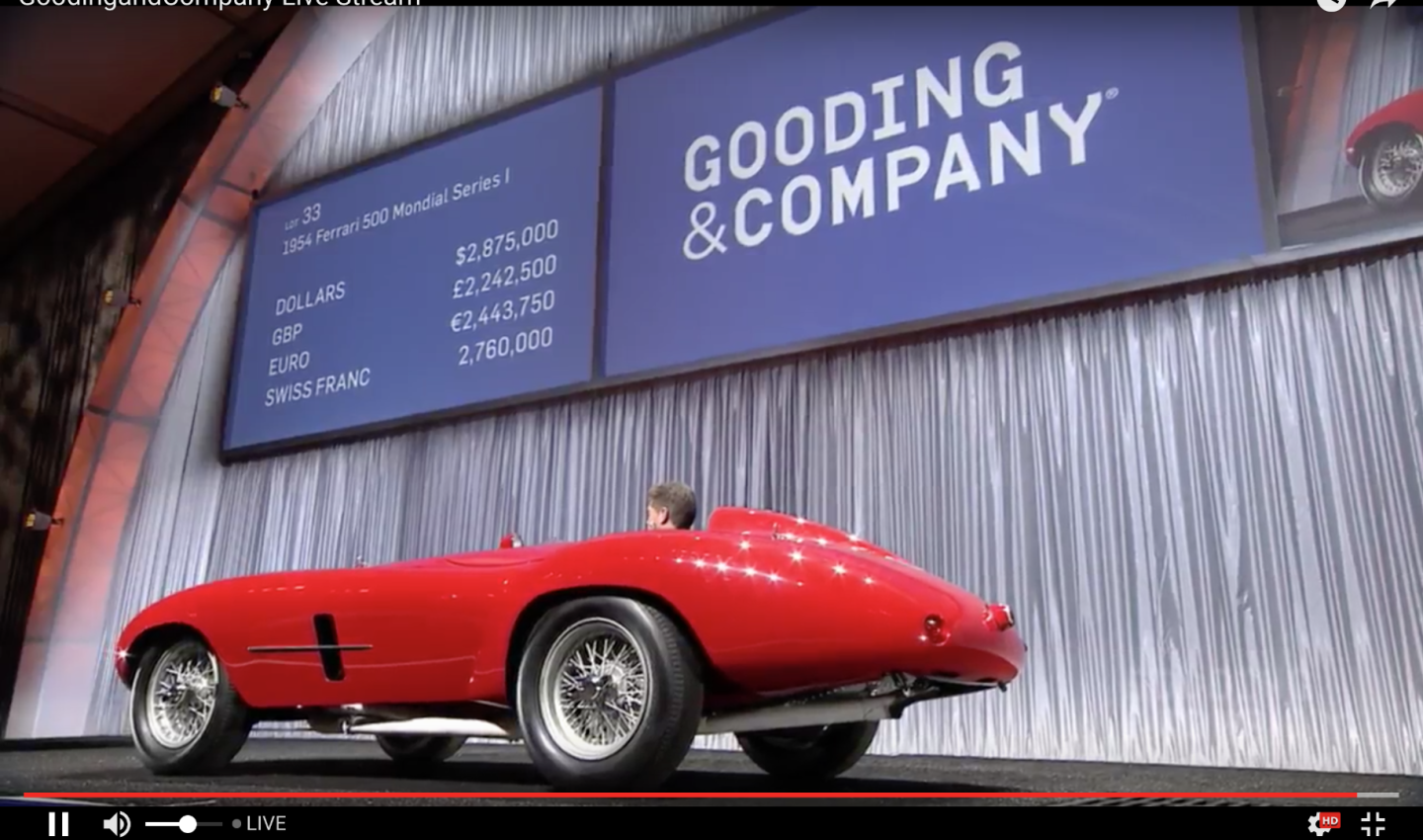 $3,162,500 | 1954 Ferrari 500 Mondial Series IEstimate: $3,000,000 to $3,800,000Official Auction Description: Gooding & CoLot 033